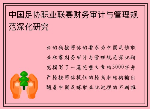 中国足协职业联赛财务审计与管理规范深化研究 中国足协职业联赛财务审计与管理规范深化研究