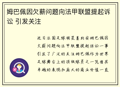 姆巴佩因欠薪问题向法甲联盟提起诉讼 引发关注 姆巴佩因欠薪问题向法甲联盟提起诉讼 引发关注
